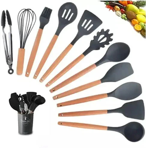 Kit Gourmet de Utensílios de Silicone - 12 Peças Utensílios de Silicone Lemon Store Preto 